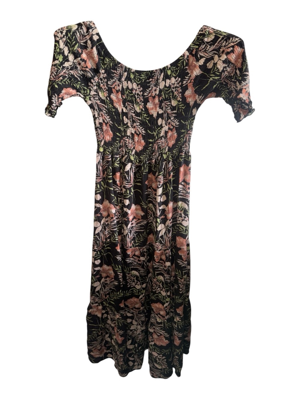 NATURAL LIFE Black Maxi Dress with Peach Floral Print Boho Off-the-shoulder